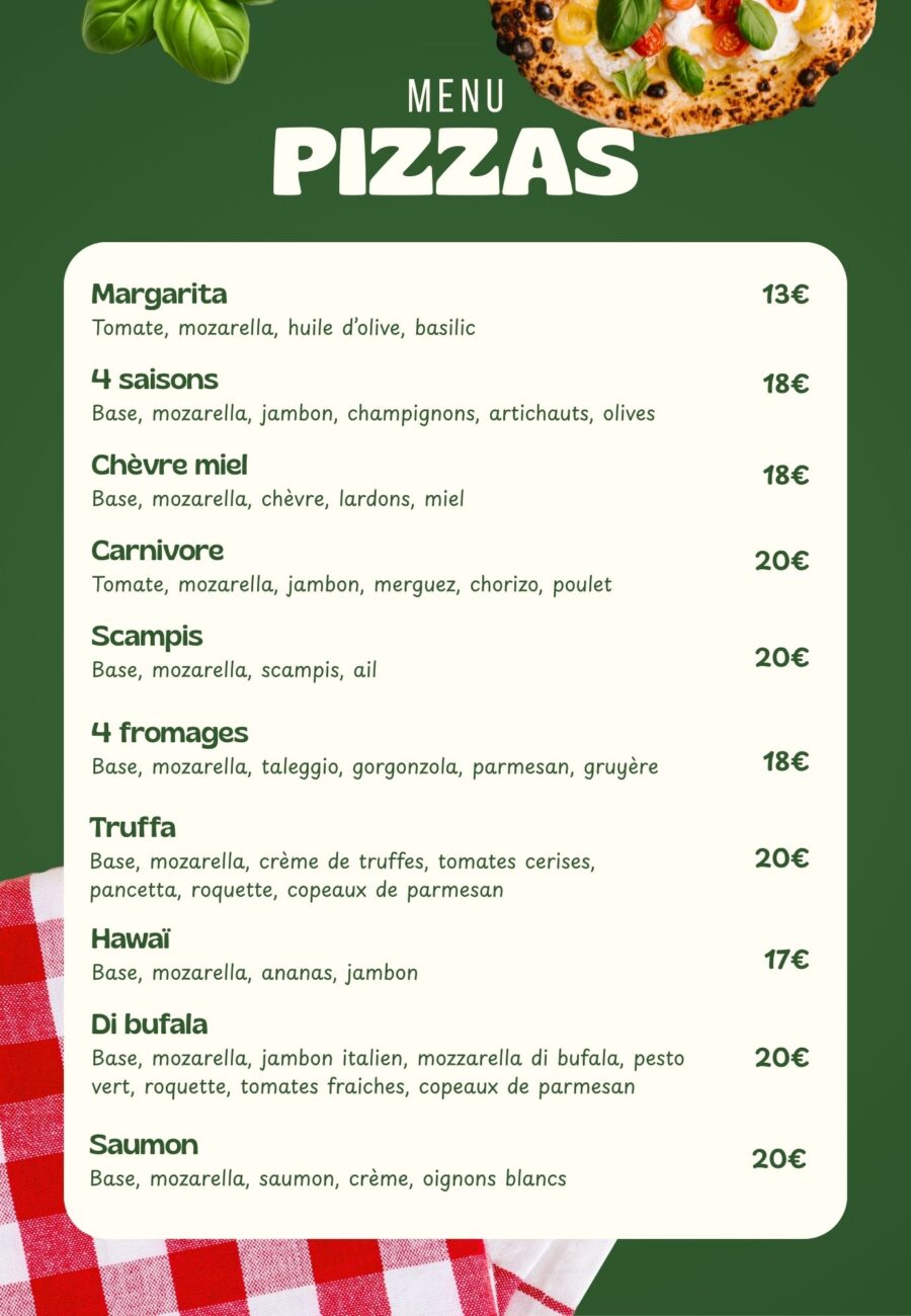 menu pizzas